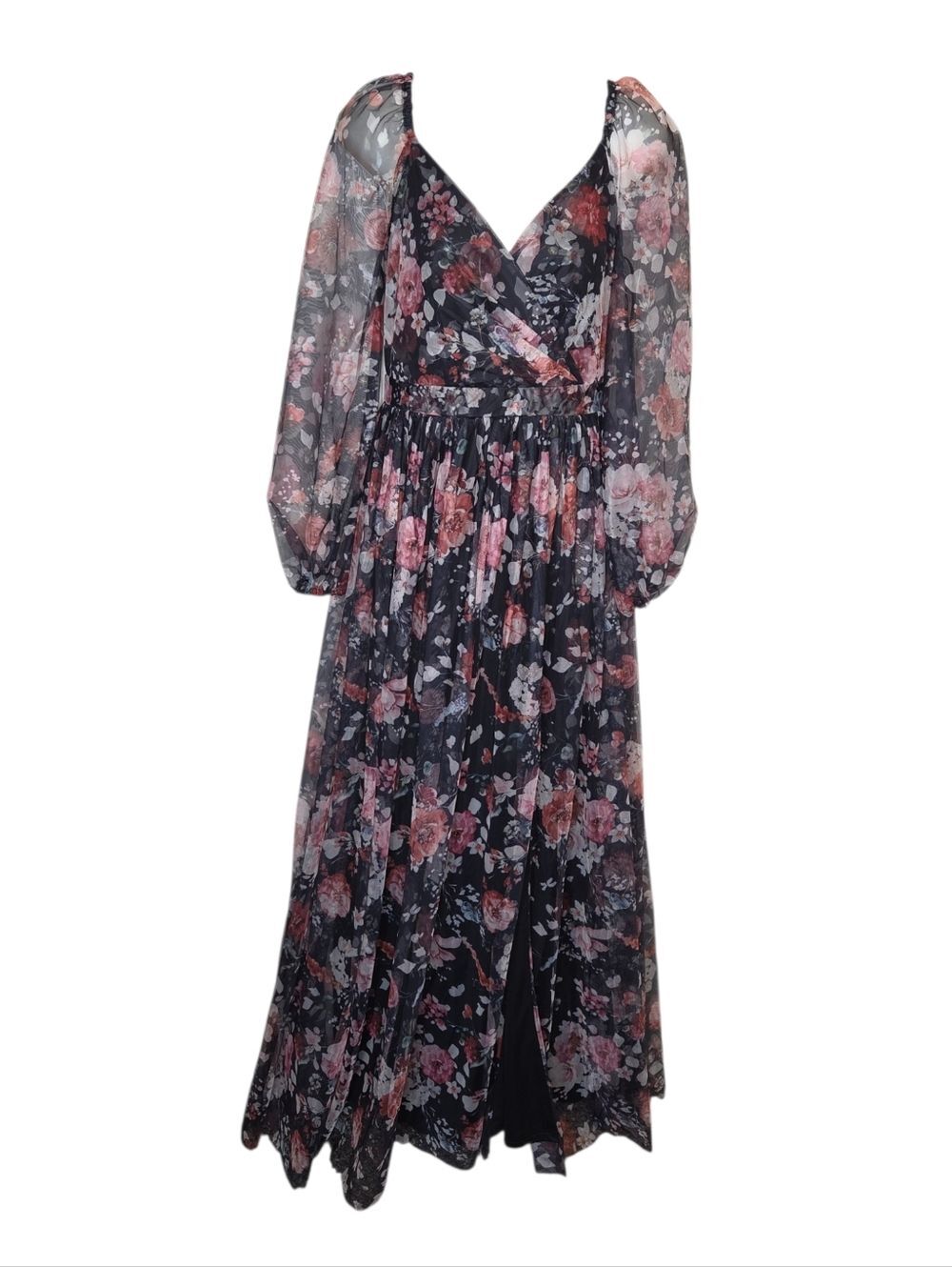 Baltic Born NWT Desiree Tulle Floral Mesh Maxi Dress, Size Medium, Black + Berry